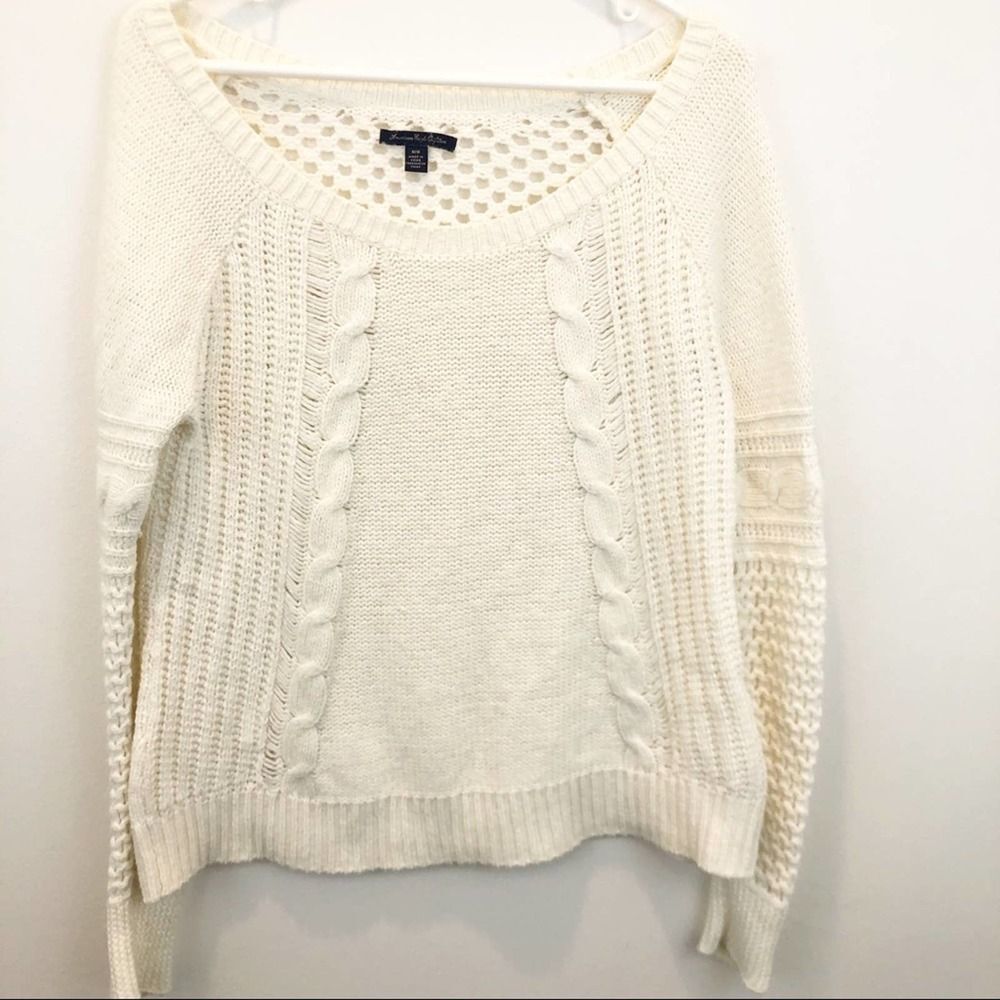 American Eagle Cream Cotton Open Knit Sweater Size Medium